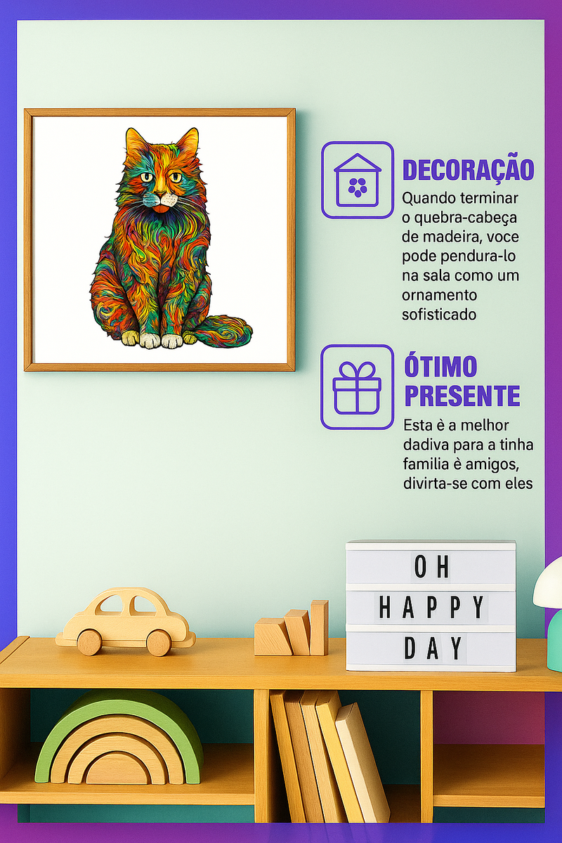 Quebra-Cabeça de Madeira 3D Gato - PetAmour